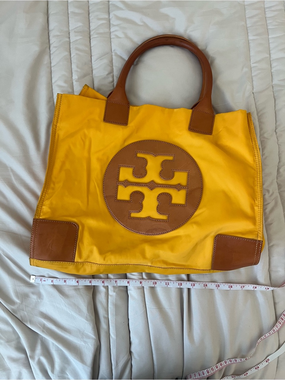 Tory Burch Ella Yellow Nylon Tote with Brown Leather Trim and Logo